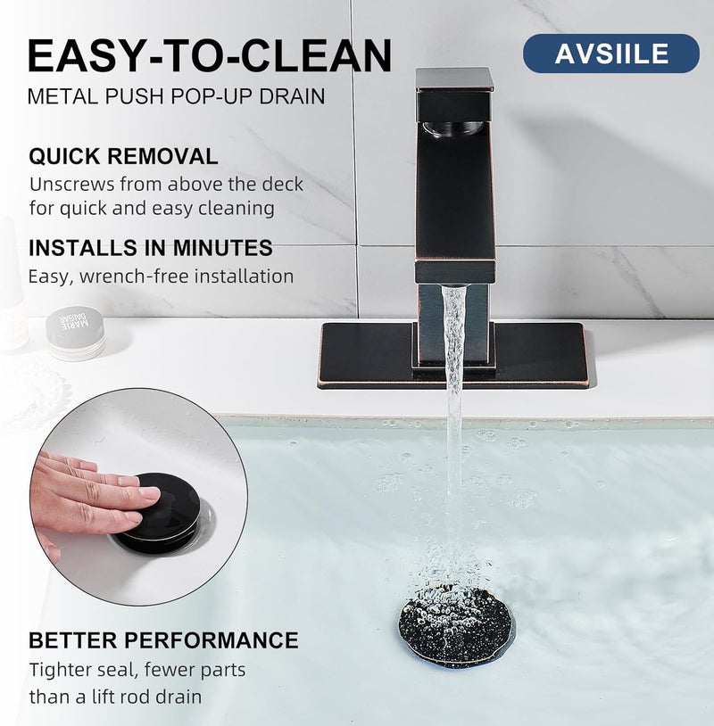 AVSIILE Oil Rubbed Bronze Bathroom Faucet, Single Hole Vanity Bath Faucet, Single Handle Modern Stainless Steel Bathroom Faucets for Sink 1 Hole with Pop Up Drain Stopper & Water Supply Hoses - Image 5